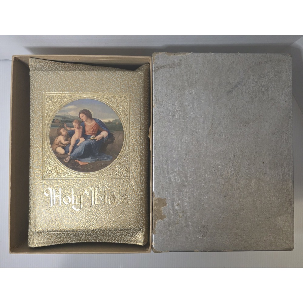 Vintage 1957 Catholic Bible Family Rosary Marian Year Edition Gold Madonna Cover